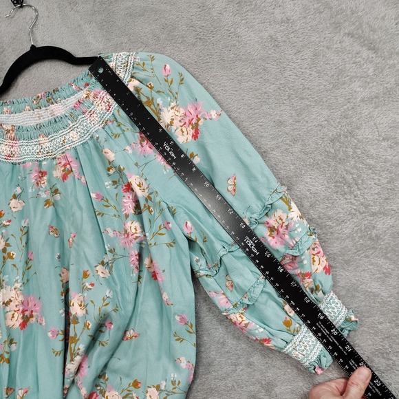 Spartina 449 Top M Boho Floral Smocked Neck Blouson Tiered Sleeve Cottagecore - Picture 5 of 8